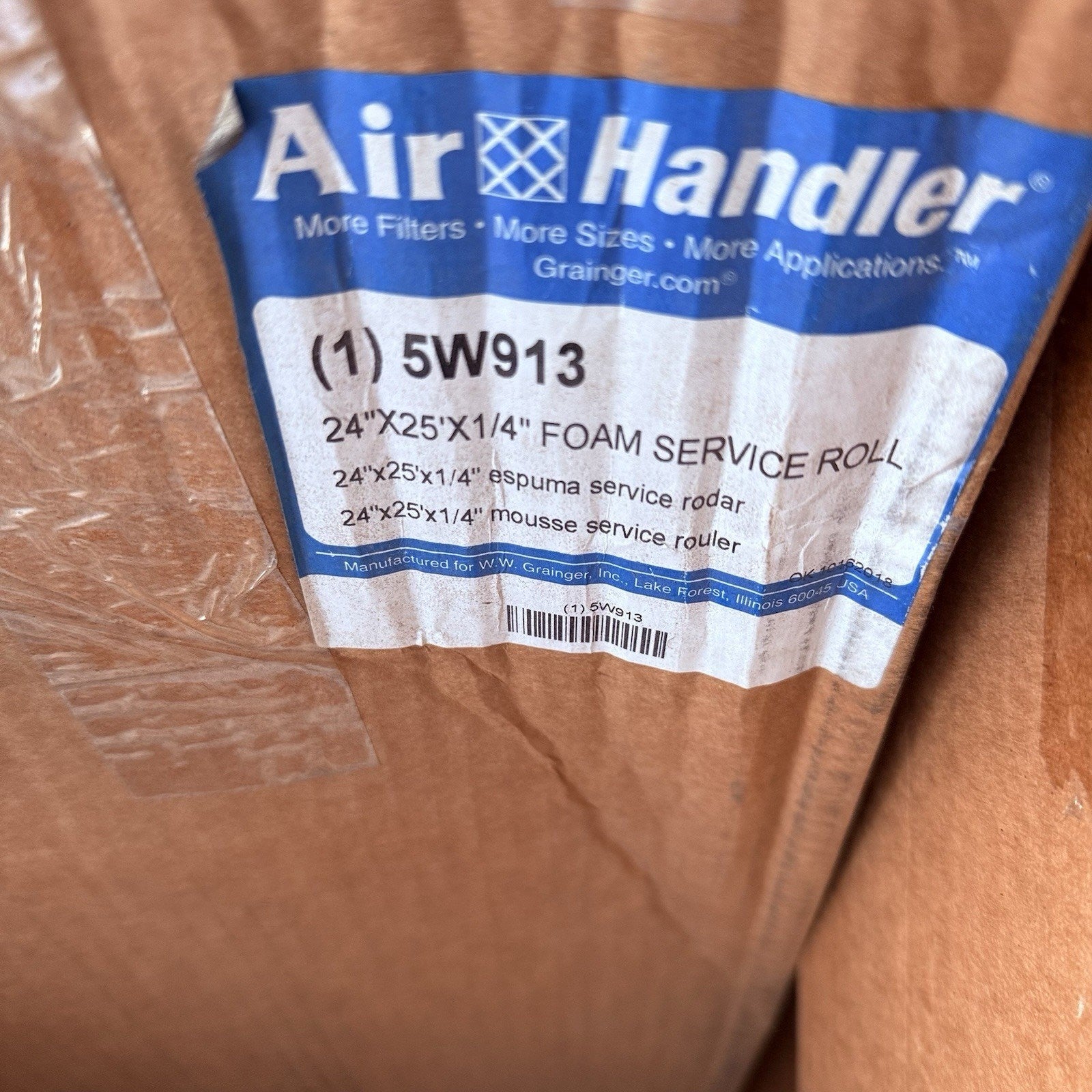 AIR HANDLER 5W913 24"X25'X1/4" FOAM SERVICE ROLL. New!