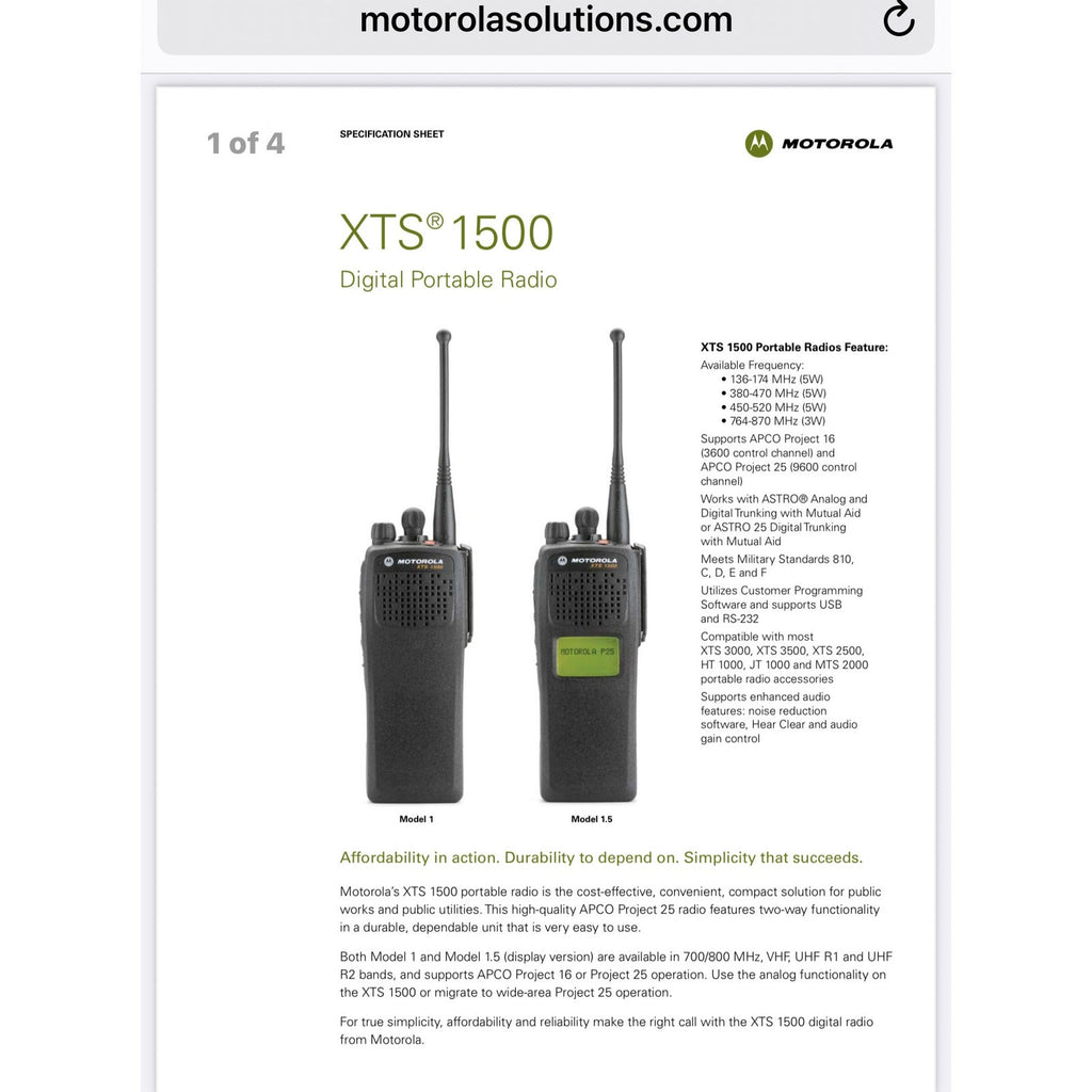 Motorola XTS 1500 Model H66UCD9PWSAN Portable W/ Encryption, And New Antenna