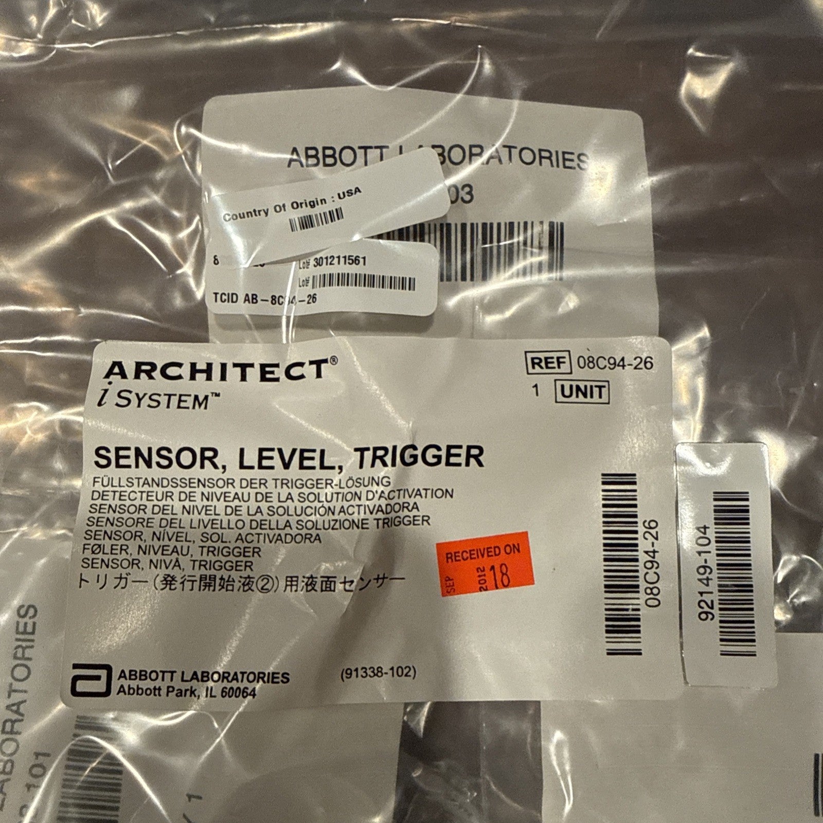 Abbott Lab  Architect isystem Sensor Level Trigger KIT 08C94-26 NEW