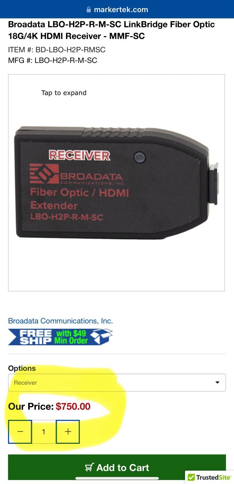 Broadata LBO-H2P-R-M-SC LinkBridge Fiber Optic 18G/4K HDMI Receiver - MMF-SC