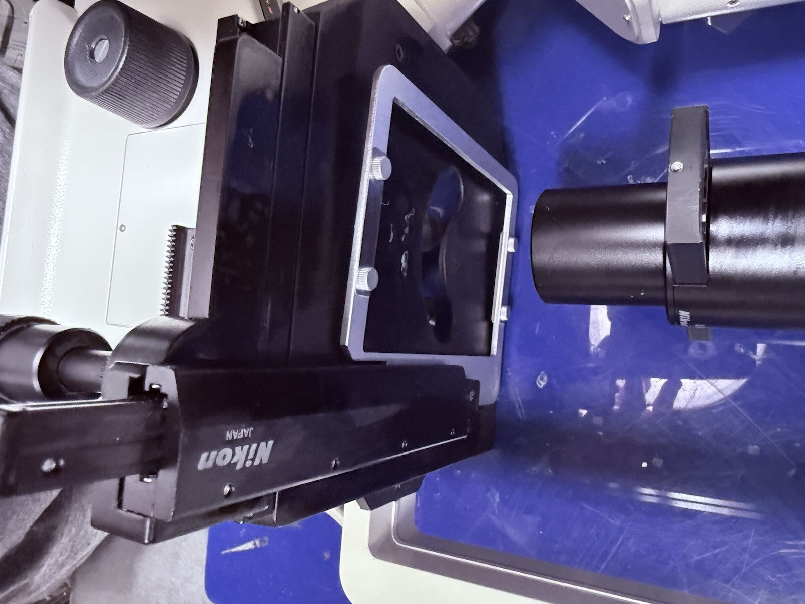 Nikon TMS-F Inverted Phase Contrast Trinocular Microscope. With Mechanical Stage
