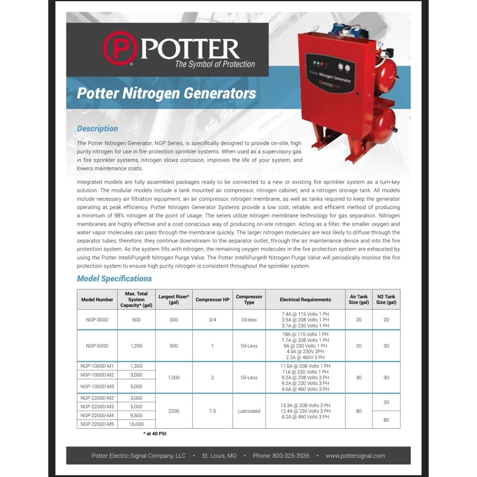 Potter NITROGEN GENERATOR MODEL NGP1150-4B w/ dryer & compressor