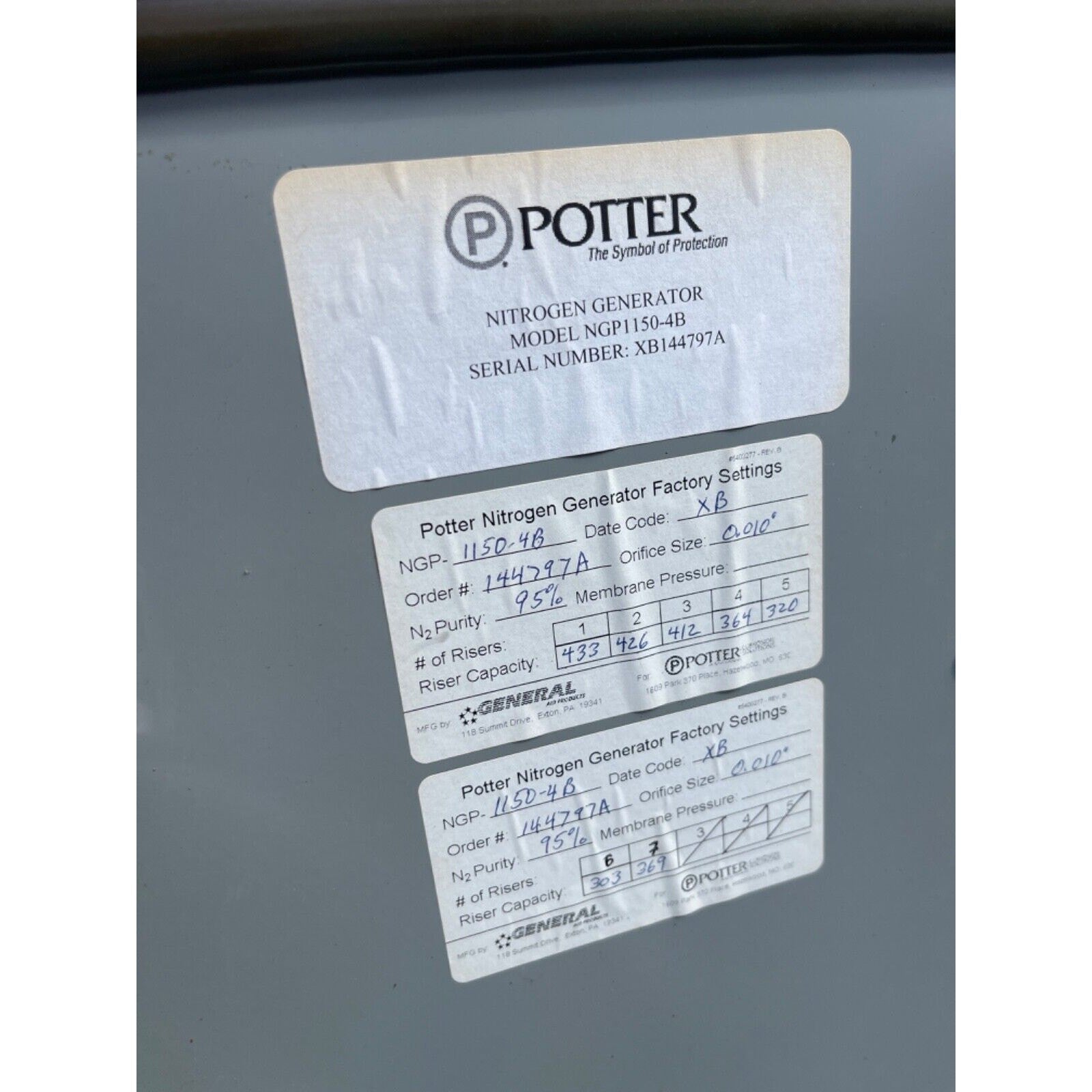 Potter NITROGEN GENERATOR MODEL NGP1150-4B w/ dryer & compressor