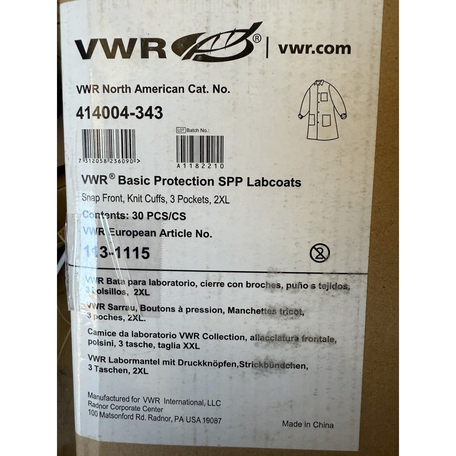 VWR Basic Protection SPP Lab Coats 41400343 case of 30 White size 2XL