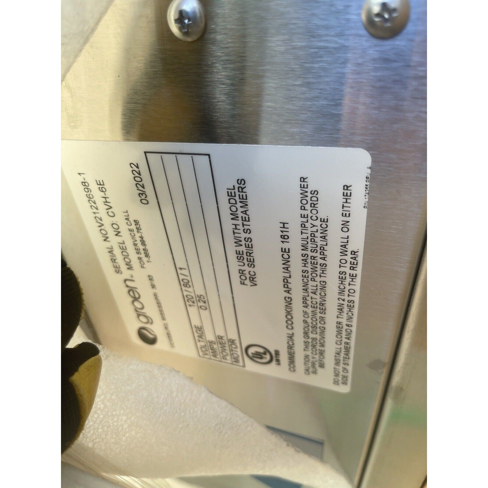 Groen CVH-6E Vent Hood for Combi Steamer, NEW