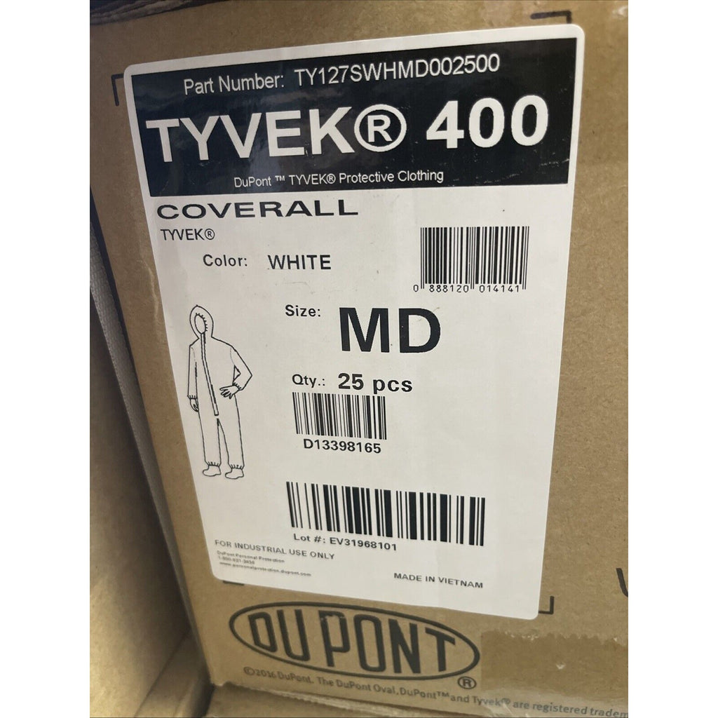 25x DuPont Tyvek 400 White Coverall Protective Clothing TY122SWHLG002500 Size MD