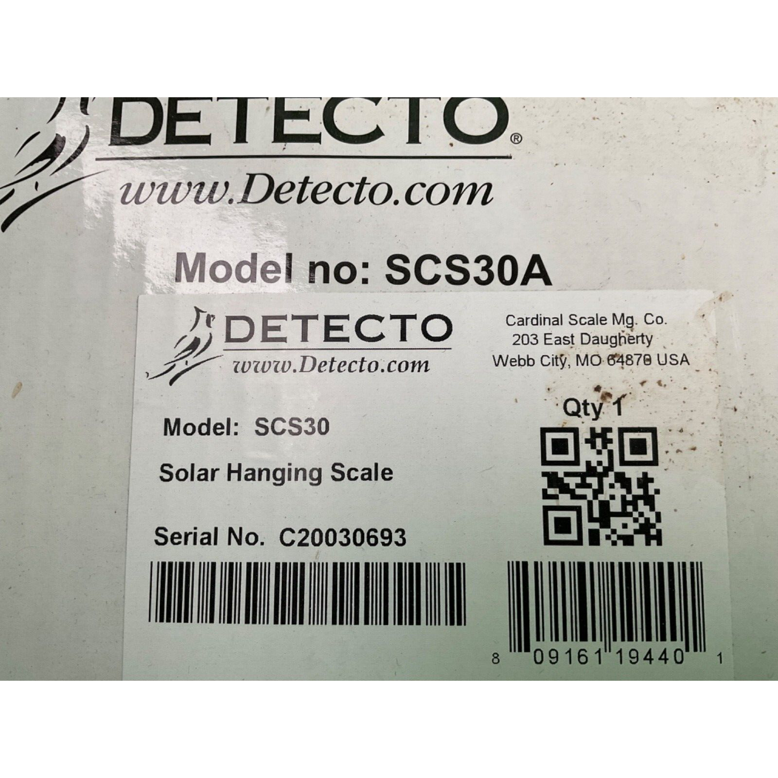 Dectecto Scale SCS30 Solar Hanging Scale 30 Pound Maximum Capacity. NEW