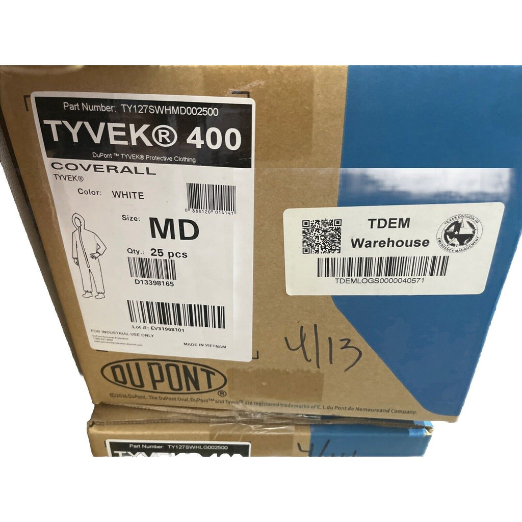 25x DuPont Tyvek 400 White Coverall Protective Clothing TY122SWHLG002500 Size MD