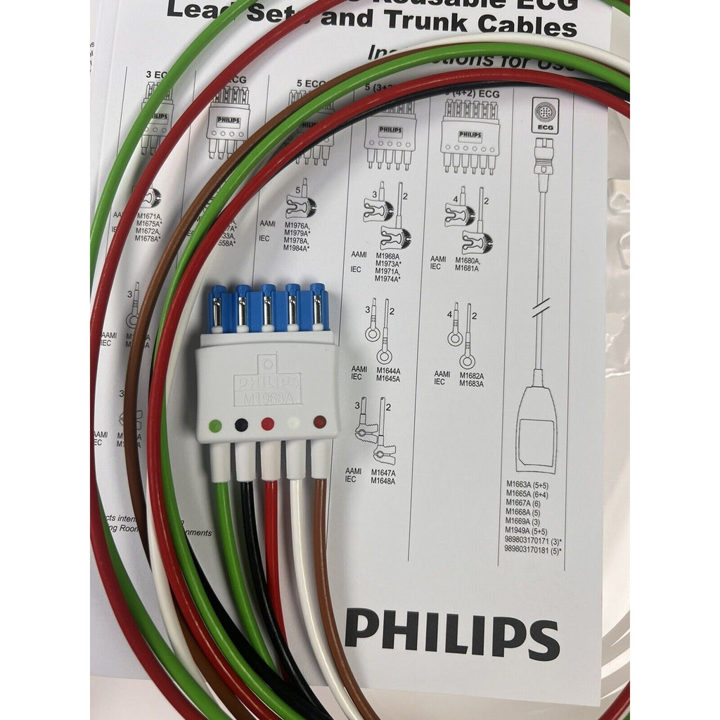 Philips 5 Lead Set, AAMI ICU, Grabber, ECG | M1968A | 98980312584. BRAND NEW