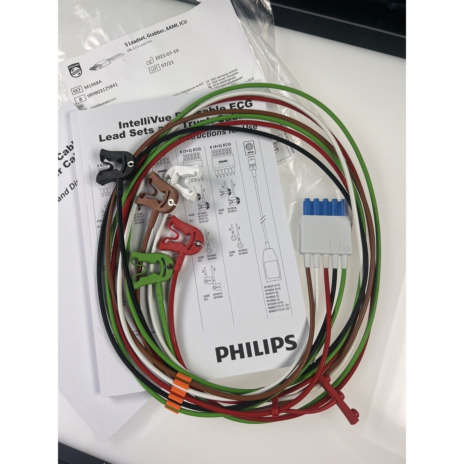 Philips 5 Lead Set, AAMI ICU, Grabber, ECG | M1968A | 98980312584. BRAND NEW