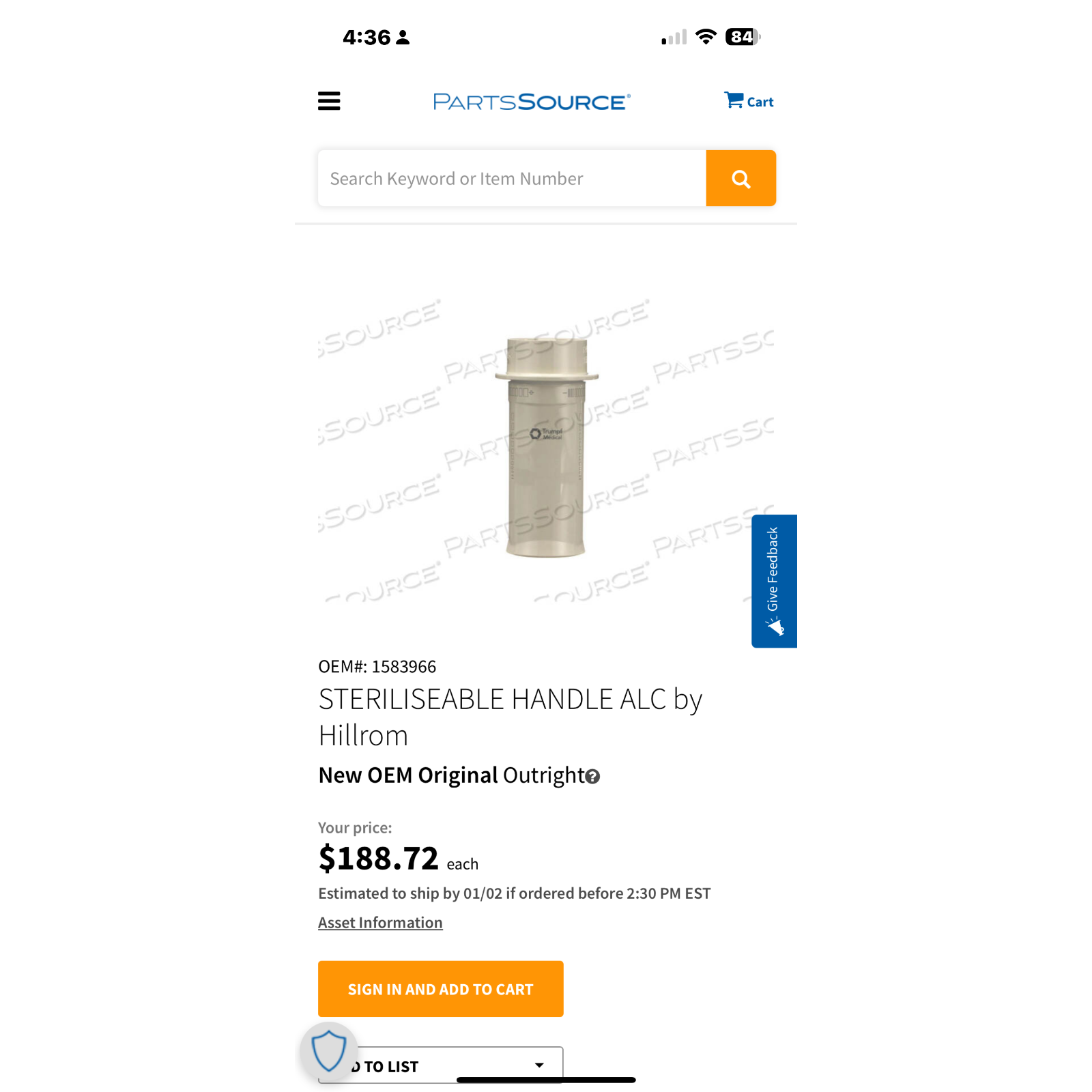 STERILISEABLE HANDLE ALC by Hillrom 1583966, NEW