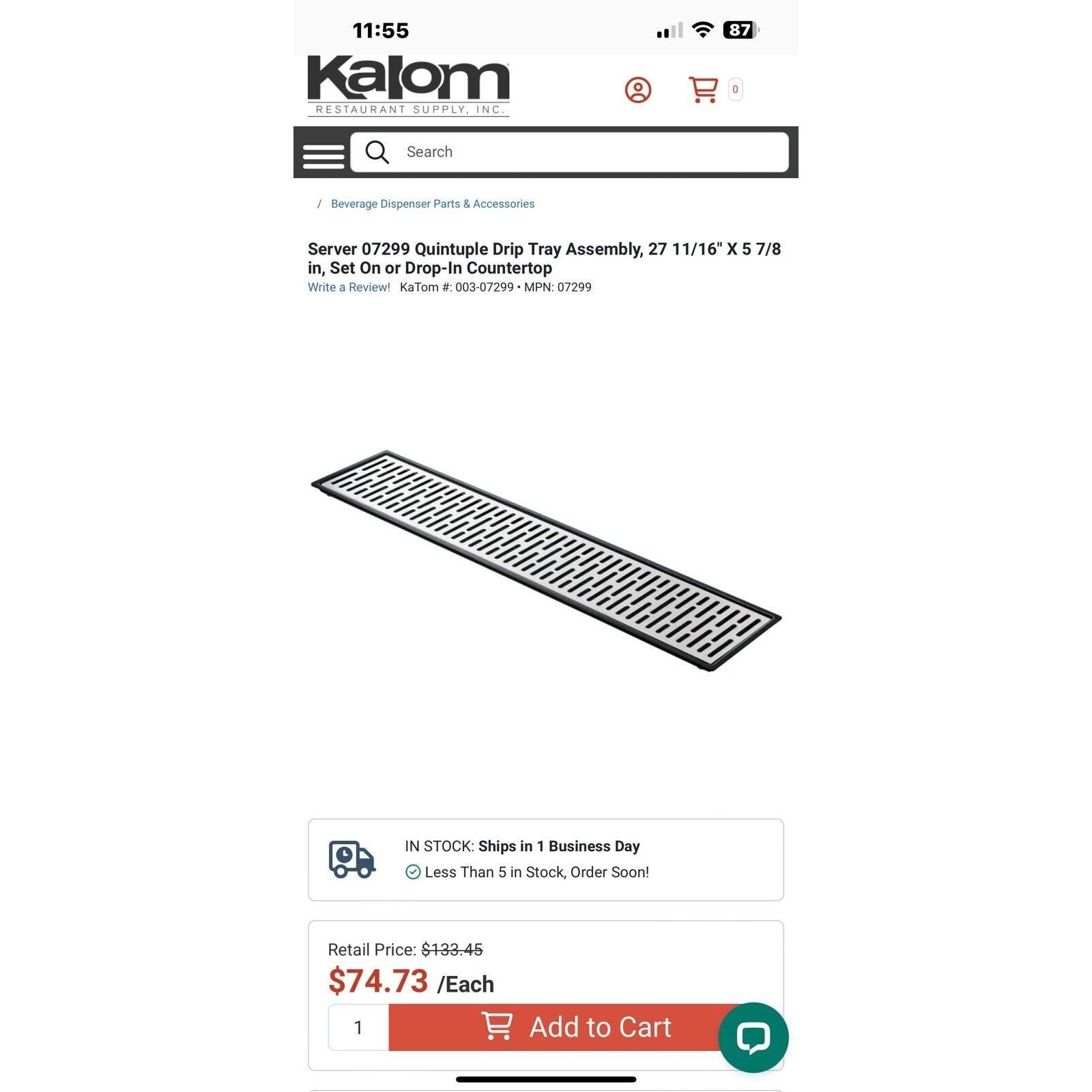 Server S/S Drip Tray for Beer Fountain Machines, Model 07299