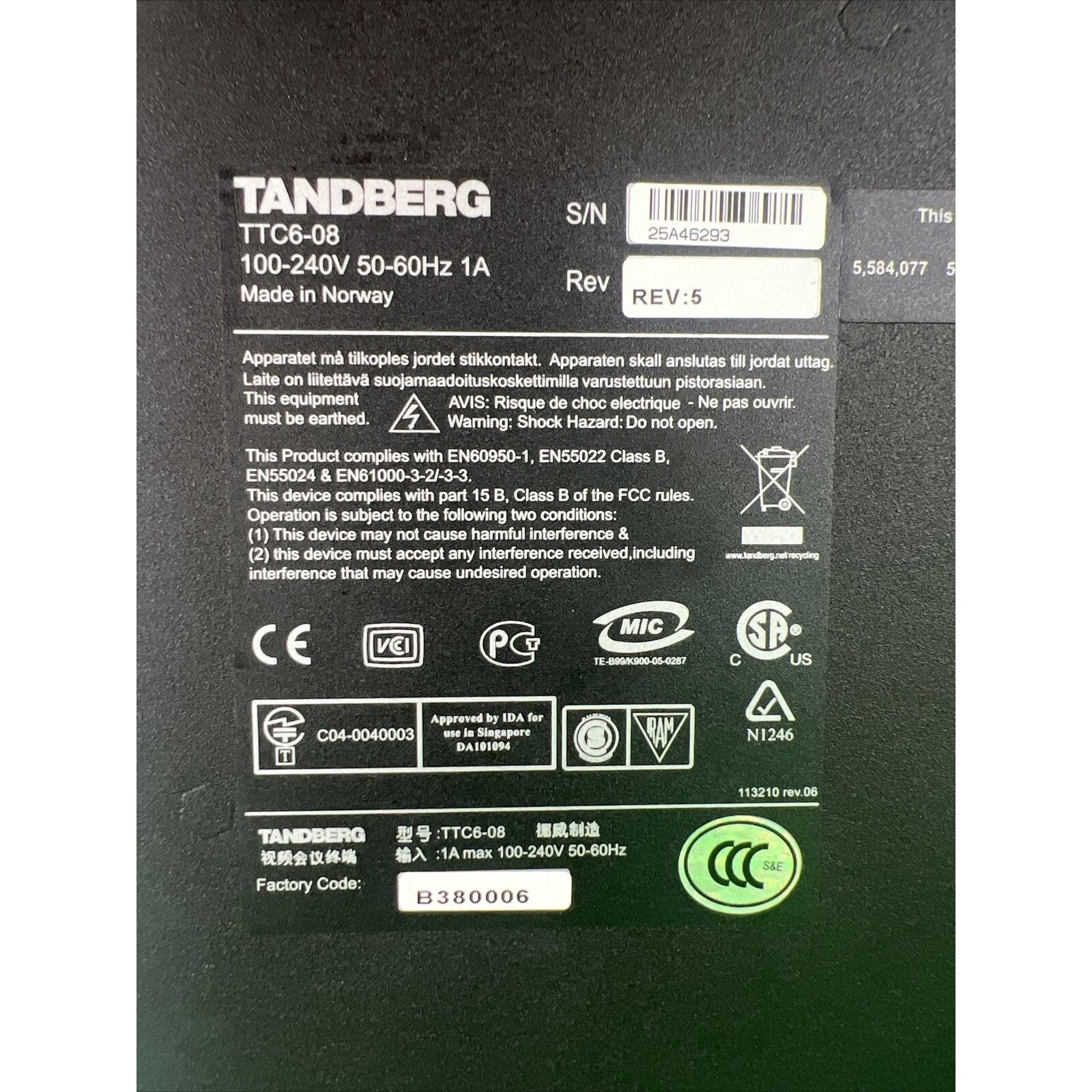 Tandberg TTC6-08 Video Conference Unit