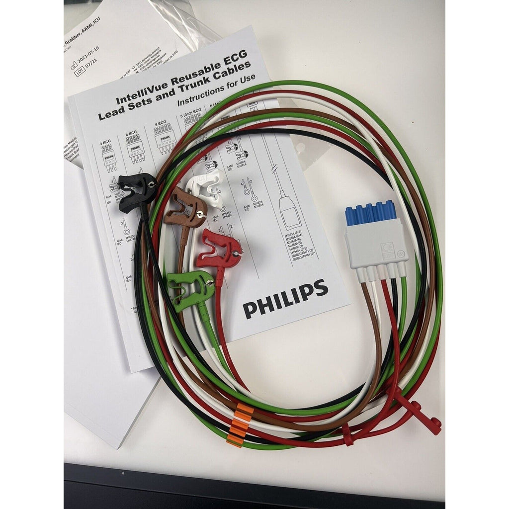 Philips 5 Lead Set, AAMI ICU, Grabber, ECG | M1968A | 98980312584. BRAND NEW