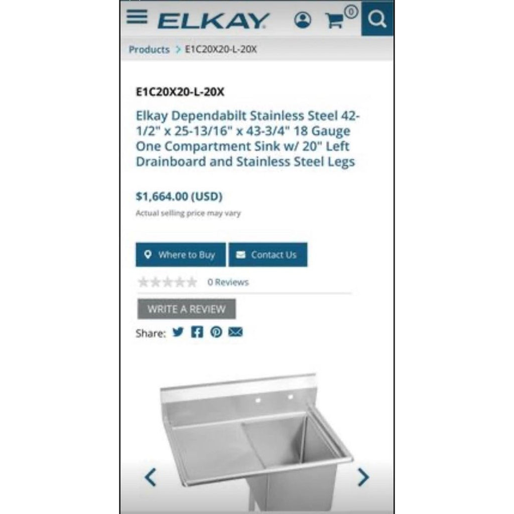 One Compartment Sink,Elkay Stainless Steel 42-1/2" x 25-13/16" x 43-3/4" 18 Gag