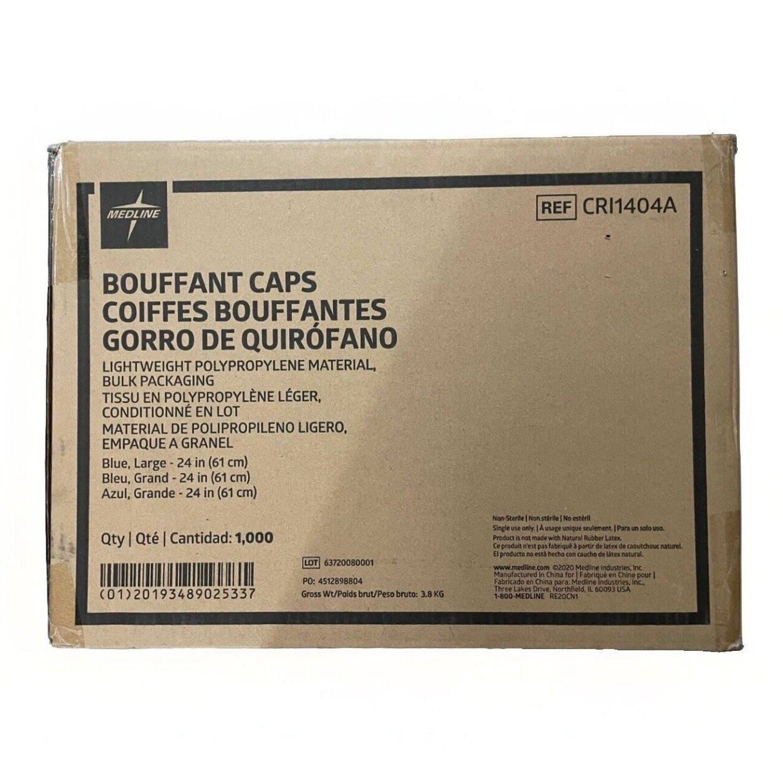 Medline 1000 Case of 24" Blue Bouffant Cap Non Woven Disposable Hairnet CRI1404A