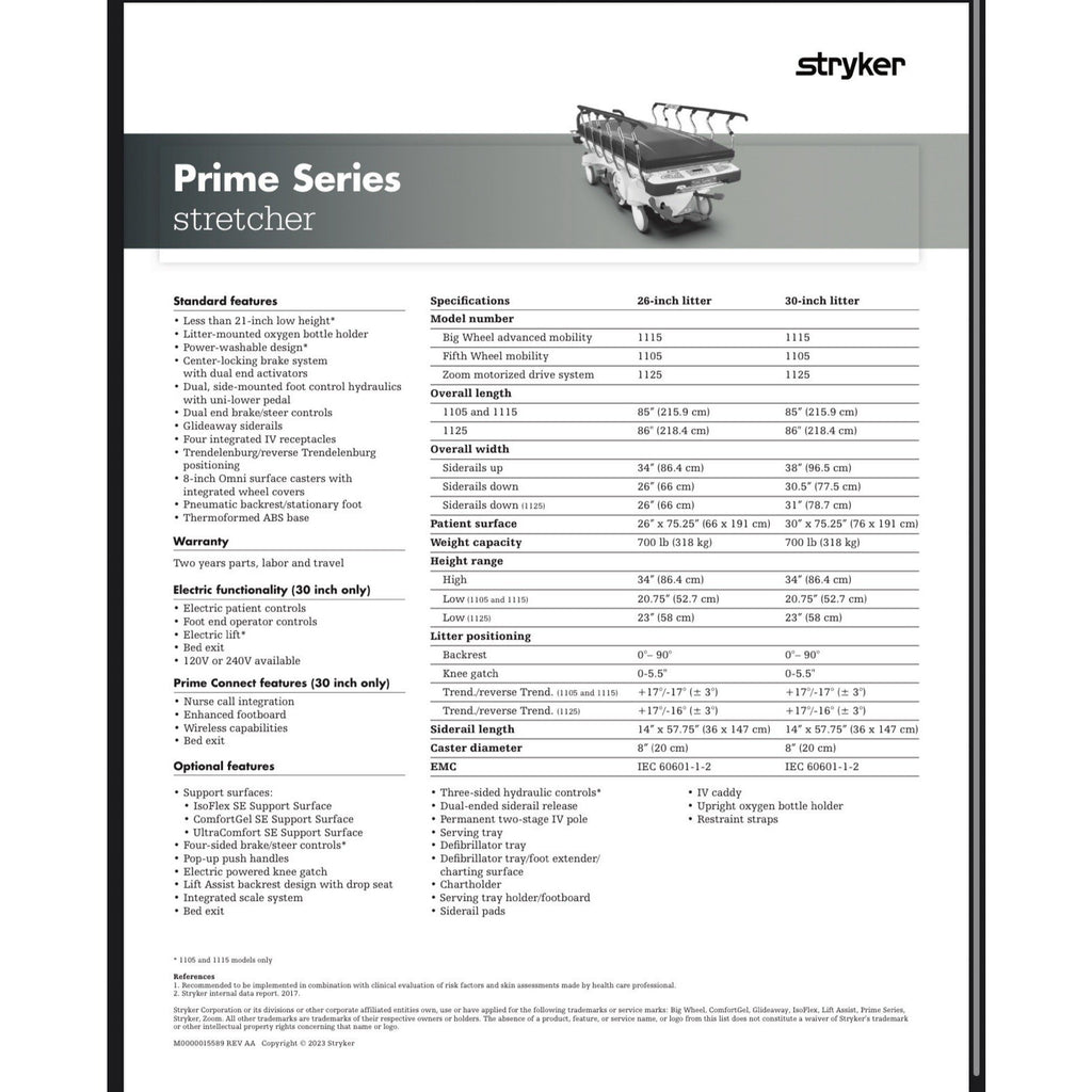 Stryker 1015 Glideaway Big Wheel Stretcher With mattress