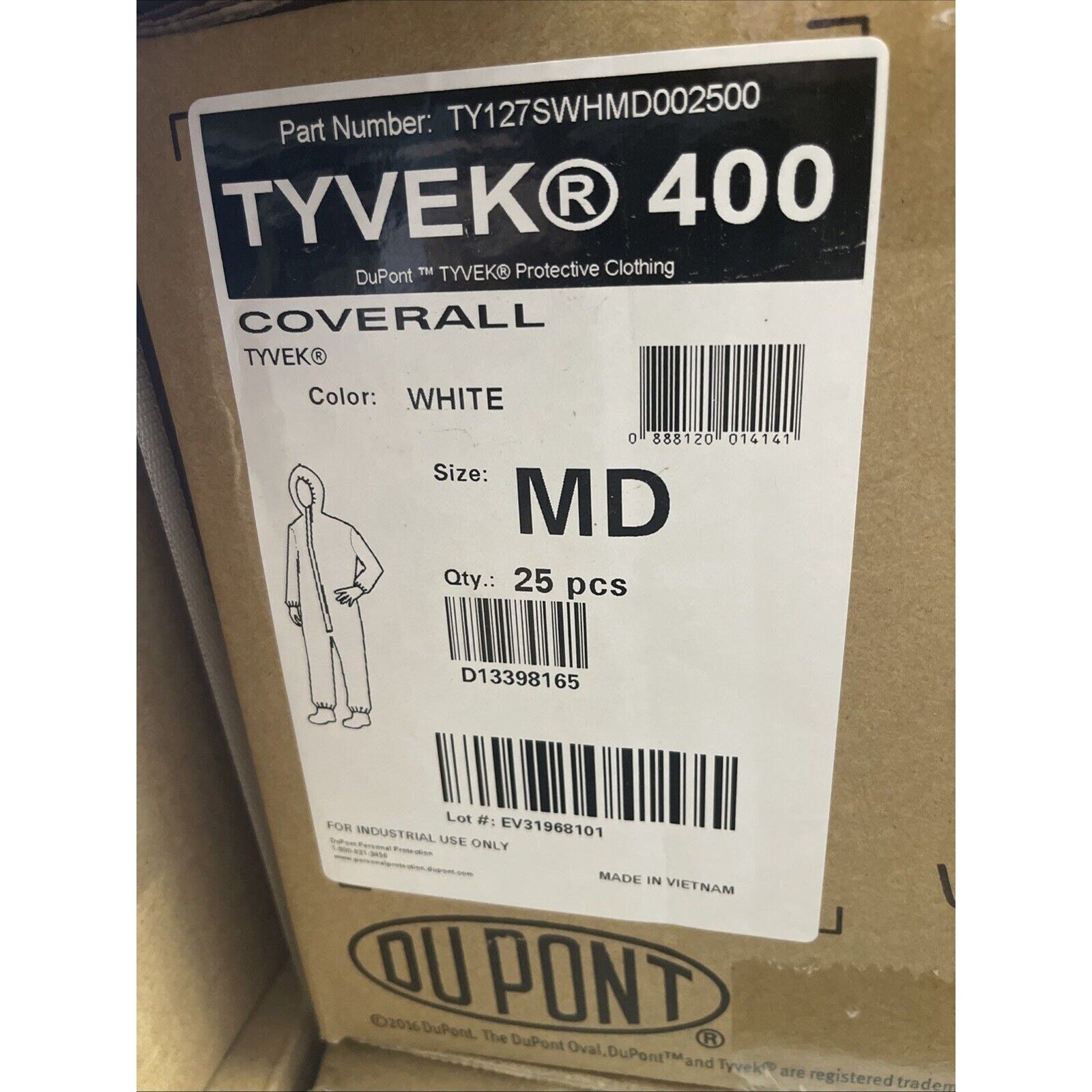 25x DuPont Tyvek 400 White Coverall Protective Clothing TY122SWHLG002500 Size MD