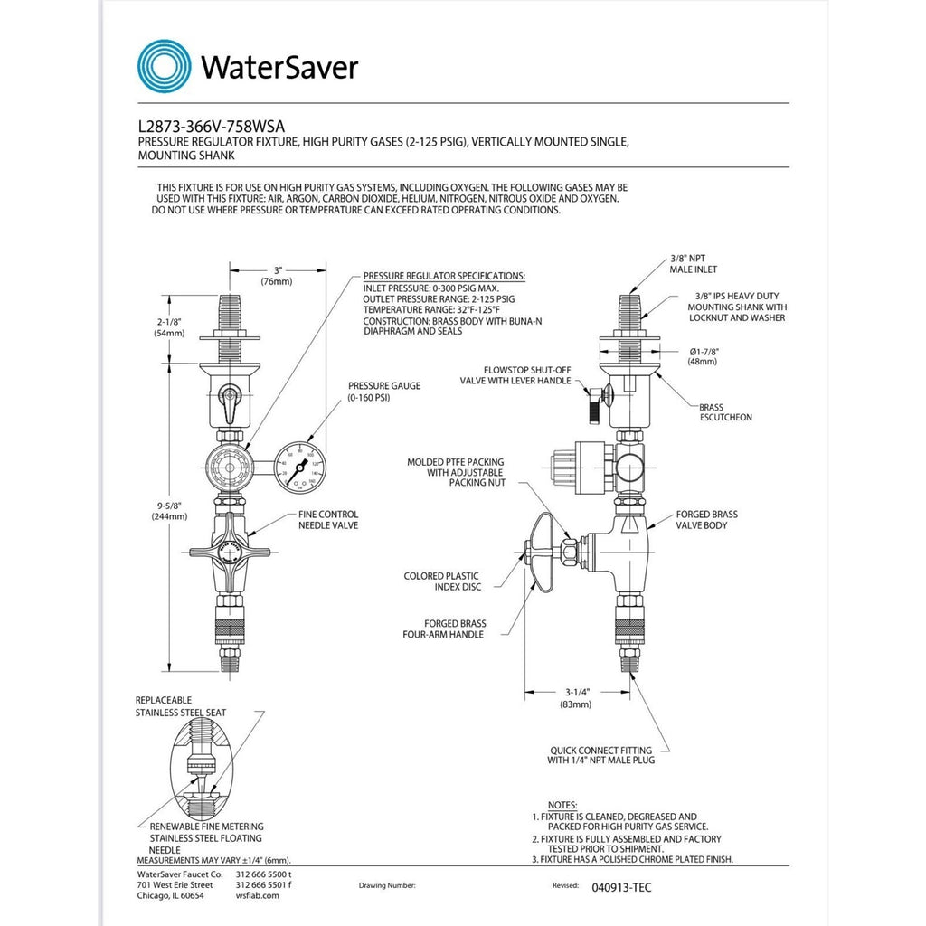 WaterSaver Faucet Valve L2873-366V-758WSA O2 Clean Pressure Regulator Fixture