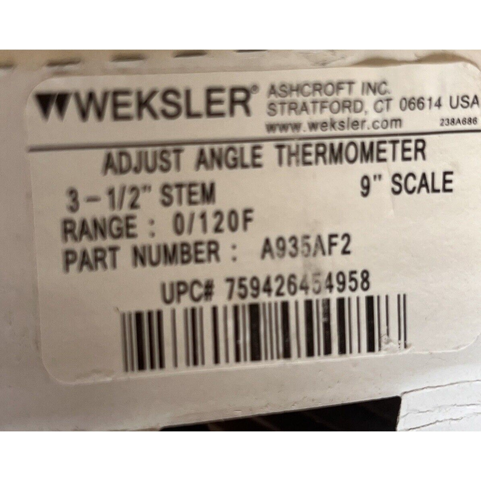 Weksler A935AF2 Adjust Angle Thermometer, 3-1/2" Stem, 9" Scale, 0-120F