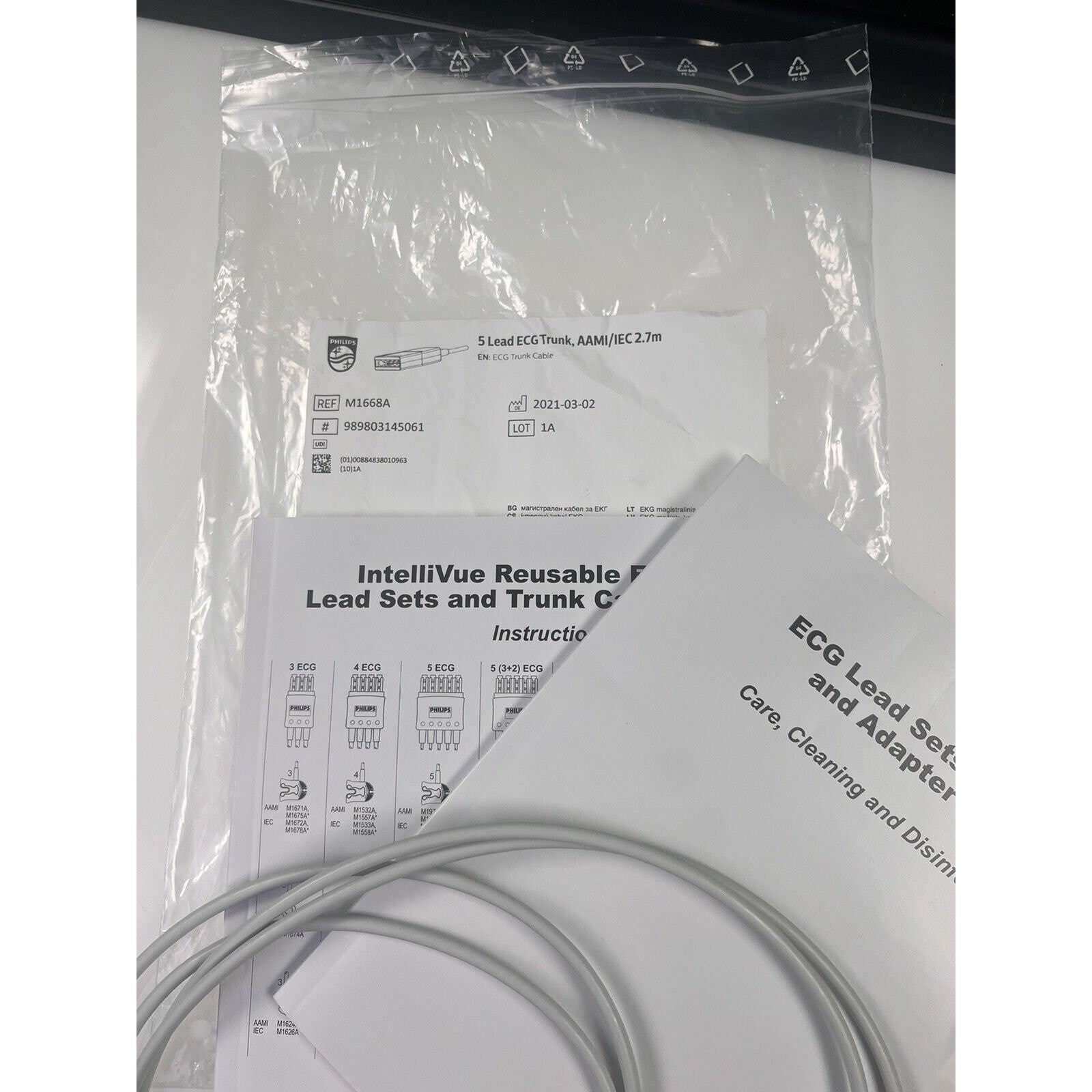Philips M1668A CBL 5 Lead ECG Trunk, AAMI/IEC 2.7m, 989803145061, New unused
